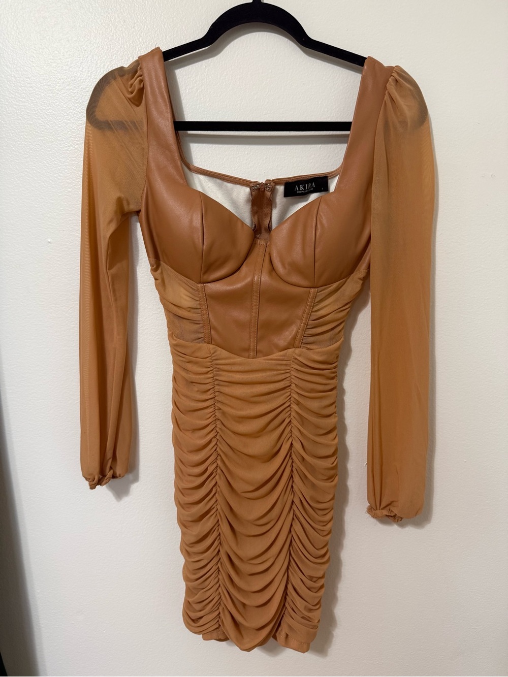 AKIRA Tan Ruched Mesh Sleeve Bodycon Mini Dress